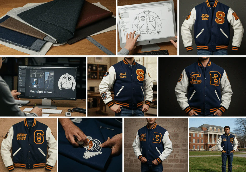 A series of ultra-realistic scenes showing the creative process of designing a custom college letterman jacket. Scene 1: fabric samples of wool and leather laid out on a designer’s table, color swatches and sleeve textures visible. Scene 2: digital configurator or tailor sketch showing body and sleeve color combinations with rib-knit trims. Scene 3: designer adding custom embroidered patches — college logo, team emblem, numbers, and mascot. Scene 4: mock-up approval on computer screen with measurement tools nearby. Scene 5: finished jacket delivered in packaging, model wearing it proudly on a college campus. Lighting: cinematic studio tone with warm highlights and shallow depth of field, realistic fabric texture, 8k DSLR detail, product storytelling style. Mood: creative craftsmanship, personalization, excitement, pride in design. Style: professional e-commerce & editorial mix — vivid colors, clean composition, minimal background clutter, fashion-grade lighting.