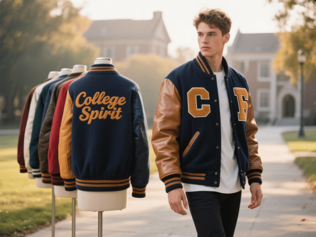 Ultra-realistic photo of a classic American college letterman jacket inspired by varsity culture and athletics heritage. Jacket with wool body, leather sleeves, rib-knit collar and cuffs, and chenille varsity patches. Displayed on a model standing in a college campus or locker-room setting, warm daylight, cinematic depth of field, professional fashion lighting, detailed stitching, authentic texture of wool and leather, subtle reflections, clean composition. Symbol of achievement, belonging, and timeless collegiate style. Style: modern-vintage varsity fashion photography, DSLR 85 mm lens, 8k ultra-detail, realistic shadows and fabric grain, editorial lighting, authentic American collegiate mood. Variants to generate: Solo jacket on hanger with blurred stadium background. Student wearing jacket walking across brick-path college campus. Close-up of chenille patch and embroidered initials on chest. Flat lay of two letterman jackets in different colors (navy-white, red-black). Locker-room shelf with several jackets, highlighting team spirit and tradition.